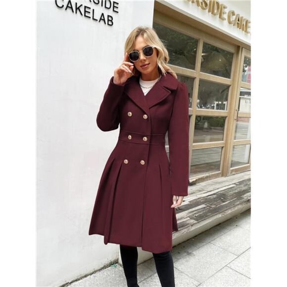 Women's Fashion Trench Coat Notch Lapel Double Breasted Burgundy - Picture 3 of 5